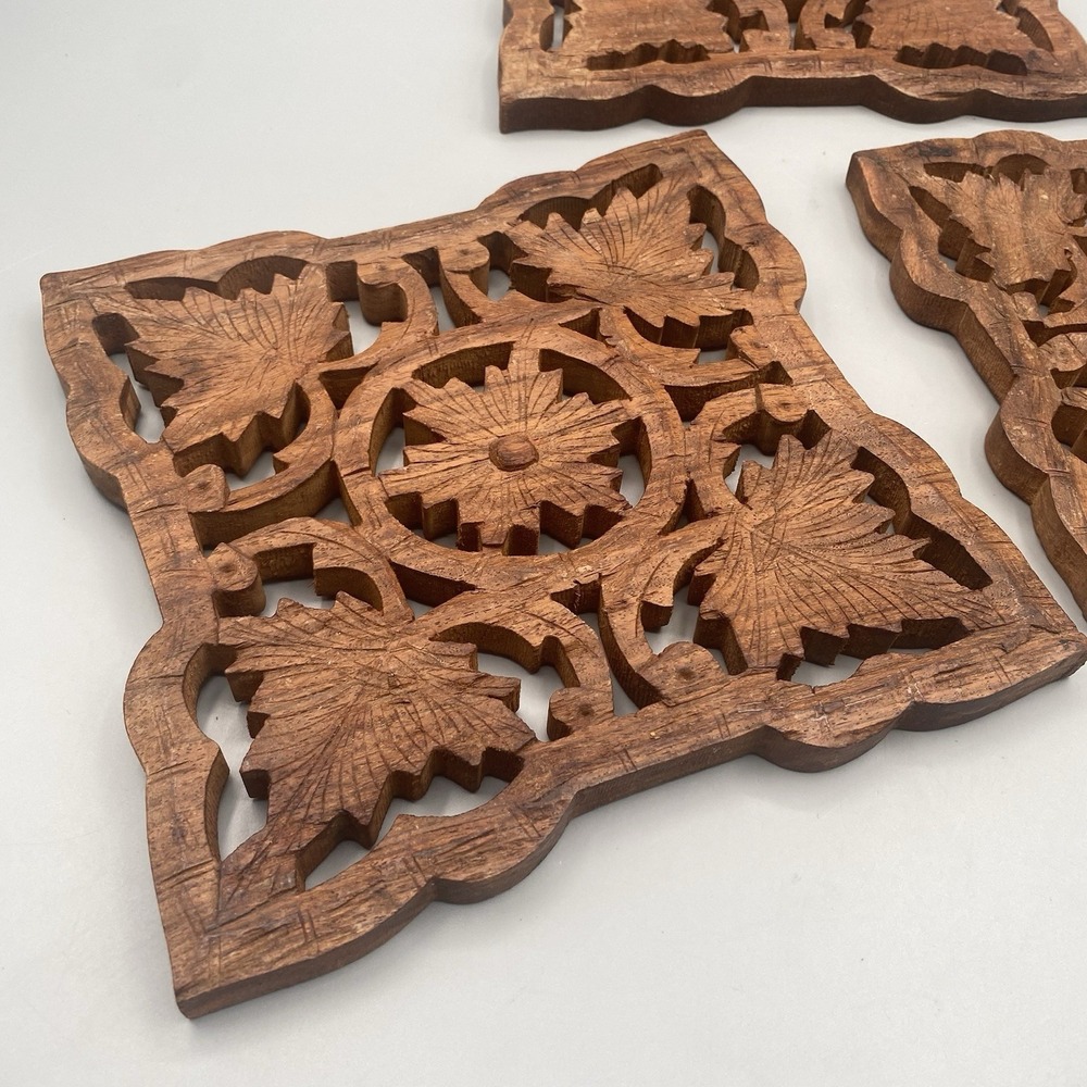 Vintage Hand Carved Wooden Trivets Hot Plates INDIA 3pcs 2 Large 1 Smaller - Picture 2 of 8